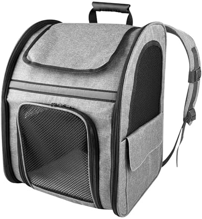 Dorglix Trasportino Gatto Pieghevole Portatile, Zaino per Gatti Espandibile, Zaino per Cani Traspirante con 5 Ingressi per Gatti, Cuccioli, Viaggi, Escursioni, All'Aperto, Campeggio(Grigio)