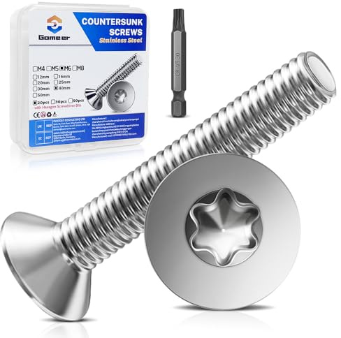 Gomeer 20 Stück M6 x 40 mm Senkkopfschrauben Torx Innensechskant aus A2 V2A Edelstahl Schrauben mit Torx Schlüssel Sechskant Schrauberkopf Norm ISO 14581 / DIN 965,für Maschinen, Möbel,Reparaturen