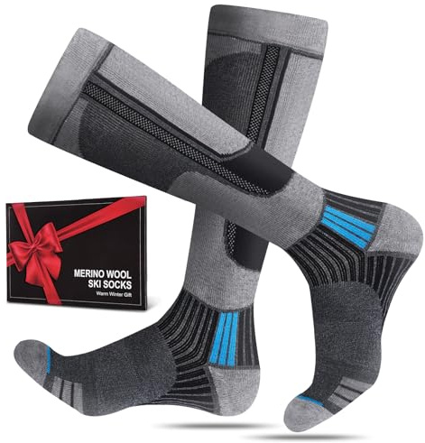 SukModen 2 Paar Skisocken aus Merinowolle für Herren Damen Jugendliche, Warme Merino Socken Thermosocken Dicke Wintersocken für Kaltes Wetter Skifahren Snowboarden Skistrümpfe Grau 43-46
