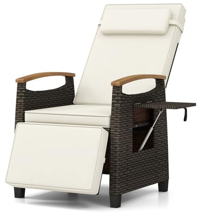 COSTWAY Garden Recliner Chair, Patio Rattan Reclining Armchair with Adjustable Backrest & Footrest, Flip Side Table, Cushion and Acacia Wood Armrests, Outdoor Wicker Chaise Lounge Chair (Off White)