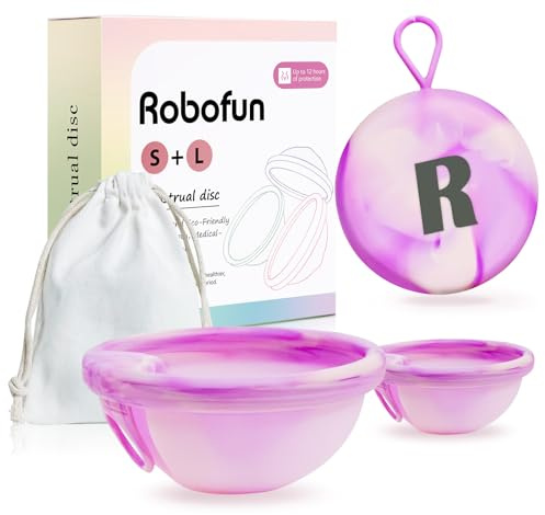 Robofun Disco mestruale, 2 pezzi (S+L) - Coppa mestruale riutilizzabile in silicone medico 100% per tutte le correnti, senza pericolo per lo sport e il nuoto - Viola&Rosa