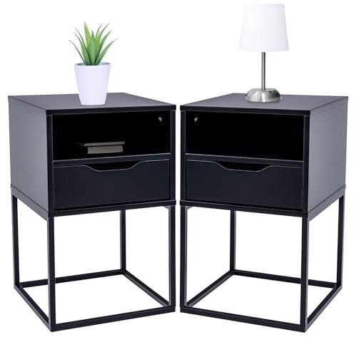 POSNORD Nachttisch 2er Set mit Schublade | 38 x 63 x 36 cm (BxHxT) | Hoher Schmaler Nachtschrank für Boxspringbett | Moderne Nachtkommode aus MDF & Metall | Nachttisch Schwarz
