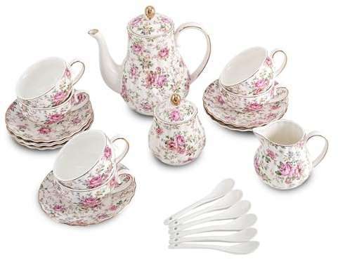 Agyiuns Porcelain Tea Sets tea cups and saucers set of 6 with Sugar and Creamer Set & Teapot,teapot set for Adults (White with flower)