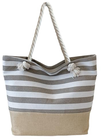 SSKHE Strandväska för kvinnor med dragkedja, sommartygsväskor canvas randig reseväska återanvändbar shopping axelväskor för gym pool picknick semester essentials (48×35×17 cm) grå