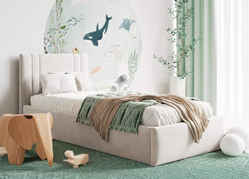 MOEBELPAKET.de Bett Azzurro S08 100x200 cm, Stauraum, Metallrahmen, Beige | Betten, Polsterbett mit OEKO-TEX Zertifikat, EU-Herstellung, Modern Einzelbett