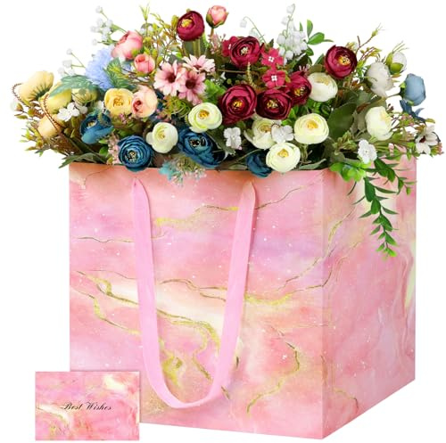 LVNRIDS Geschenktüten Groß Rosa, 30 cm Quadratische Marmor Geschenktüte mit 2 Grußkarten, Geschenk Tüten Papiertüten für Geburtstag Weihnachten Hochzeit Brautjungfer Party(1 Stück)