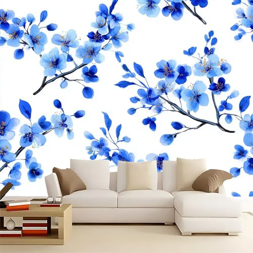 Carta da parati fotografica non tessuta Blu Navy, Acquerello Minimalista Fiori Rami murales per camera da letto soggiorno TV corridoio salotto - 250 x 175 cm