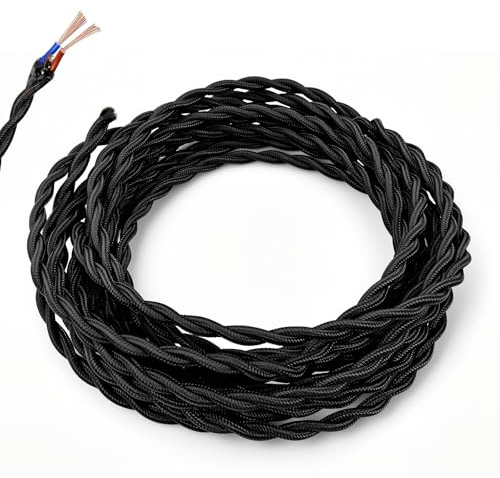 LteelDay 5m Black Pure Copper Vintage Cable, 2 Core 0.75mm² Braided Flex