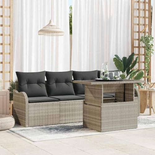 FWIKDUN Garten Sofa Set Poly Rattan mit Kissen 5 pcs Hellgrau, handgewebtes Gartenmöbel Set Outdoor, modernes Rattan Sofa für Terrasse mit höhenverstellbarem Tisch in der Garten