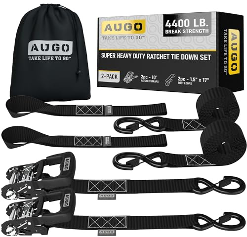 Augo kraftiga spärrremmar och mjuka öglor – förpackning med 2 extra starka 3,8 cm x 25 cm spärrremmar med S-krok säkerhetsspärrar och 2 mjuka ögla förbindningar – 400 kg brytstyrka för motorcyklar