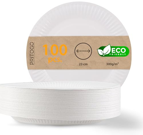 Pritogo große Pappteller Ø 23cm, (100 Stück) 300g/m² Extra Stabil, Beschichtet, 100% Kompostierbar, Weiß Rund Hohe Qualität - Umweltfreundlich- Einwegteller