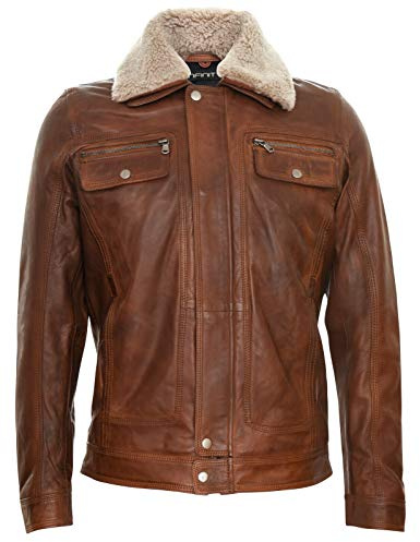 Infinity Leather Giacca Uomo di Pelle Marrone con Collo Rimovibile di Pelle di Montone Sherpa Stile Cappotto Casual M