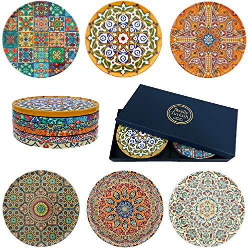 Totally Turkish – Patterned Drink Coasters Set of 6 – Giftable Design Drinks Mat Set – Non-Scratch Top With Non-Slip Cork Base (Galata)