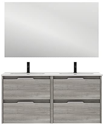 AMIZUVA | Ensemble De Meuble De Salle De Bain Suspendu Suki avec 4 Tiroirs | Largeur 120 cm | Comprend 2 Lavabos en Céramique | Finition Gris Sablé | Meuble Double Lavabo | Meuble sous Lavabo