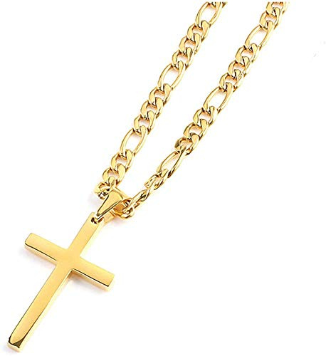 Lifetime Bling Ensemble collier et pendentif en or brillant 18 carats pour homme - Grande croix plate unie avec chaîne à maillons cubains - Cadeau pour homme ou femme