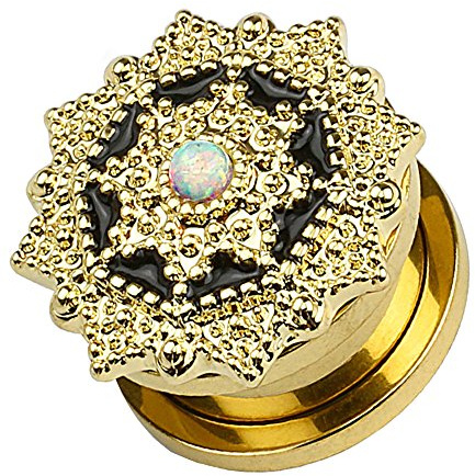 Taffstyle Ohr Plug Flesh Tunnel Piercing Ohrpiercing Vintage Tribal Blume Gold IP mit Opal