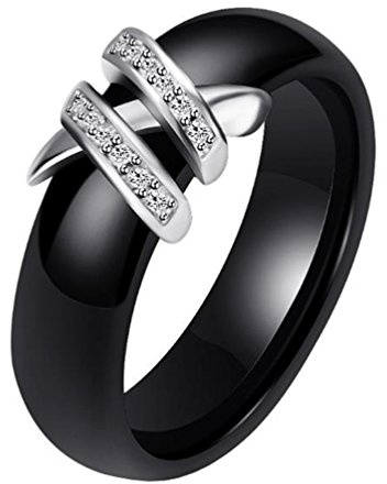 HIJONES 6MM Blanc & Noir Céramique Bague Plaine pour Femme avec Zircone Cubique Bande de Engagement Mariage Double Rangée Noir Taille 62