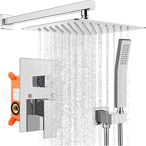 Colonna da Doccia Incassato, Set Doccia da Incasso, Set Cromato, Kit Doccia da Incasso con Testa Quadrata 25 x 25 cm, in Ottone e Acciaio Inox