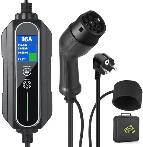 Cavo Ricarica Auto Elettrica Tipo 2 16A 3.6KW Schuko 5 metri Portatile Regolabile Standard Europeo con Scatola di Ricarica Commutabile impermeabile IP66 con Borsa (Nero)