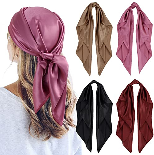 QBSM 4 Pcs 35'' Satin Seidentuch – Großes Quadratisches Kopftuch für Frauen, Seidenschal für Haar, Schlaf & Hals (90x90cm)