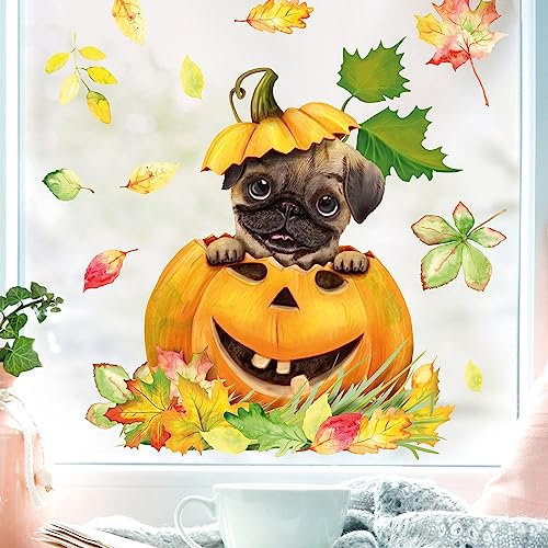 Wandtattoo Loft Fensterbild Herbst Herbstfrüchte Herbstblätter Kürbis mit Mops Hund Halloween bunt wiederverwendbare Fensteraufkleber Kinderzimmer Baby Kind, A4 Bogen
