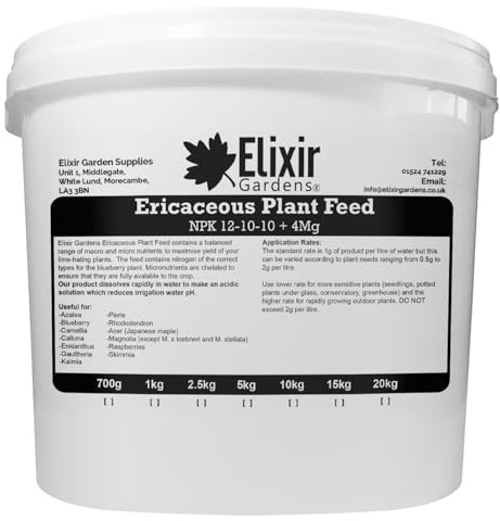 Elixir Gardens Soluble Ericaceous Fertiliser/Feed | Azalea, Rhododendron, Acer, Magnolia & Camellia Plant & Shrub Food | NPK: 12-10-10 + 4 | 15kg Resealable Tub