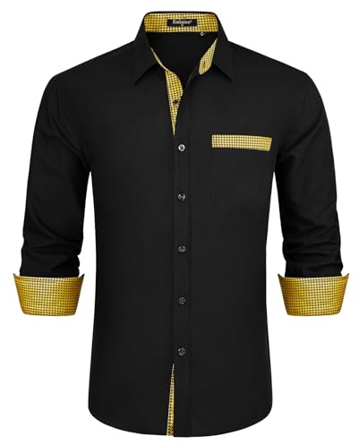 Enlision Chemise Homme Noir Or Mariage Manches Longues Regular Fit Chemises Casual Business Formelle Chemise Contrastée avec Poche XXL
