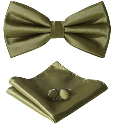 HOULIFE Verstellbare Fliege Set aus Satin Polyester - Einstecktuch und Manschettenknöpfe Set für Bräutigam Hochzeit mit Geschenkbox