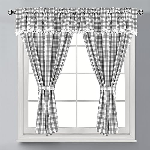 Householdfurnishing Embroidered Kitchen Window Pair Curtains Set Rod Pocket with Attached Valance & Tiebacks (W 48 x L 42 Inch, Silver/White)