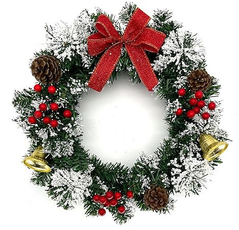 Irishom Weihnachtskranz für die Haustür, 20,3 cm, künstlicher Winter-Kranz zum Aufhängen an der Haustür, Fensterkranz mit Tannenzapfen, Glocken, Beeren, Schleife für Weihnachtsbaum