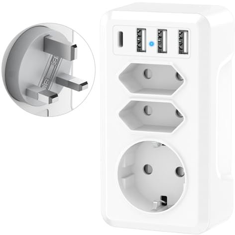 Adaptador Enchufe 7 en 1 UK Inglés Universal Con 3 USB y 1 USB-C - Tipo G para Irlanda, Inglaterra, Escocia