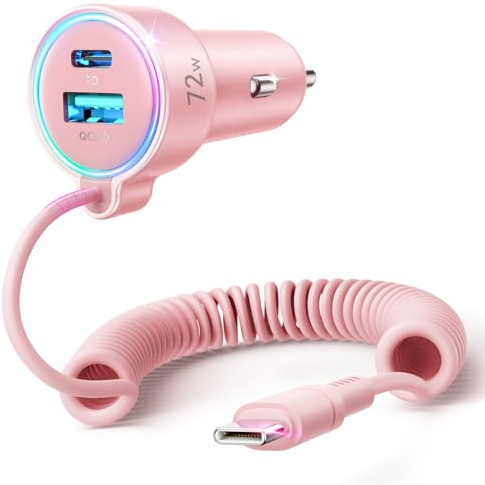 USB C 90W Car Charger for iPhone 17/16 Pro Max, PD & QC3.0 w/5 ft 45W Type C Coiled Cable, Fast Car Phone Charger Adapter for iPhone 17Air/15 Pro, Samsung Galaxy S25/S24/S23, Pixel 10/LG/Android, iPad