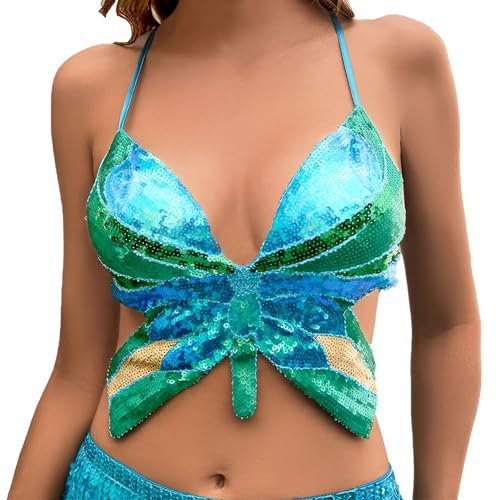 Pailletten Bauchtanz Kostüm BH Oberteil,Butterfly Top Glitzer Damen Karneval Meerjungfrau Oberteil Damen Club Sexy Trägertop mit Neckholder