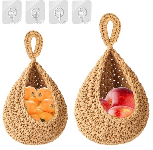 2 Stück Obstkorb Hängend, Geflochtener Hängekorb Küche für Obst Aufbewahrung, Obstkorb Hängend Wand Mit Haken, Obstkorb im böhmischen Stil für Aufbewahrung Küche