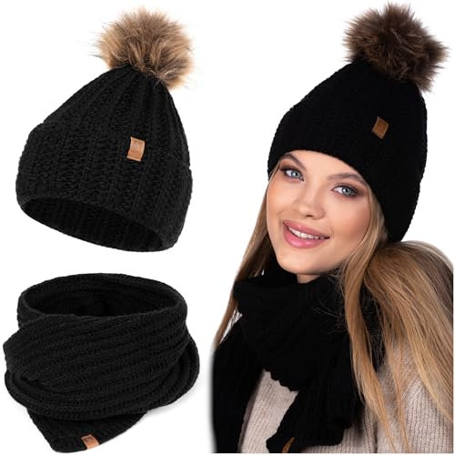 HEYO Damen 2er Set Schal Mütze Weiche Wintermütze mit Kunstfellbommel Leichte Bommelmütze Set mit Strickschal bequem Winterset für Damen großer Halswärmer (Schwarz)