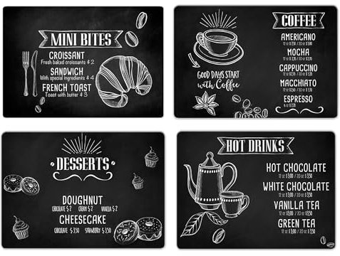 Lupia - Tovagliette americane lavabili, set da 4 pezzi in PVC rettangolari 28,5x43 cm XXL, KITCHEN BLACKBOARD lavagna, colazione pranzo cena, da tavola in cucina bar pizzeria pub birreria ristorante