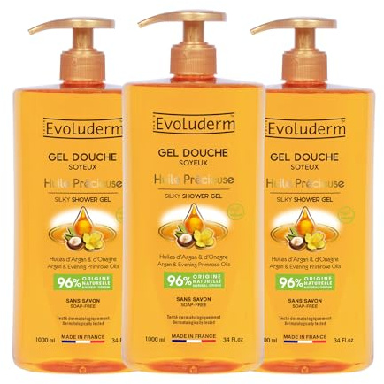 EVOLUDERM - Gel Douche Soyeux Huile Précieuse - 1000 ml - 96% d'Origine Naturelle - Végan - Fabrication Française - Nettoie et Adoucit - Lot de 3 x 1000 ml