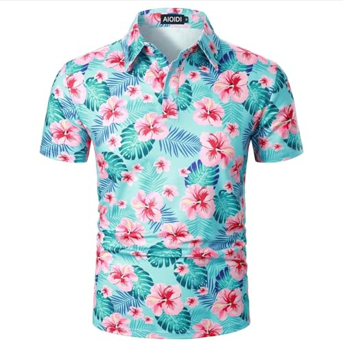 AIOIDI Hawaiianska kortärmade pikétröjor för män klassiskt tryckt golf vardaglig mjuk t-shirt sommarsemester strandtoppar