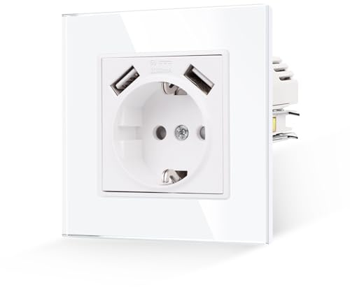 JIMEIDA Einzel Steckdose mit 2 USB Glas Weiß Mit Haken 16 Amp Standard Schuko Steckdose Gehärteter Glasscheibe Schutzkontakt Wandsteckdose 2.1A,86mm 250V