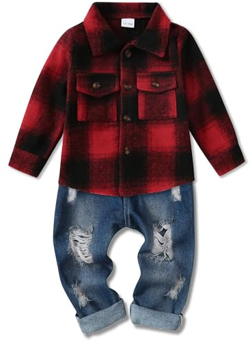 Lufebut Abbigliamento Bambini e Ragazzi Tuta Jeans Pantaloni con Lunga Camicia a Plaid Completo per Neonato Bambino Primavera Autunno-Inverno Rosso 3-4 anni