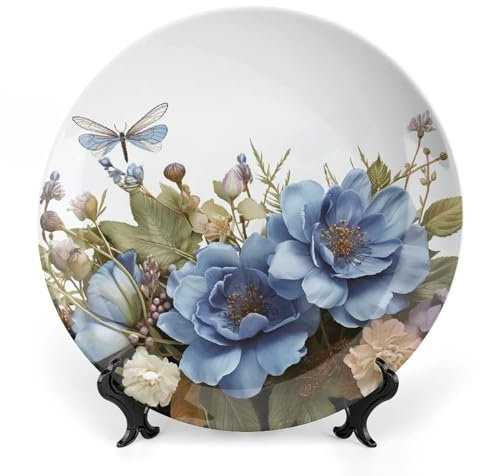 BTCOWZRV Blaue Blumen und Libelle Keramik Dekoteller aus Knochenporzellan mit Präsentationsständer Speiseteller Kunsthandwerk Keramikornamente für Wandbehang Dekoration