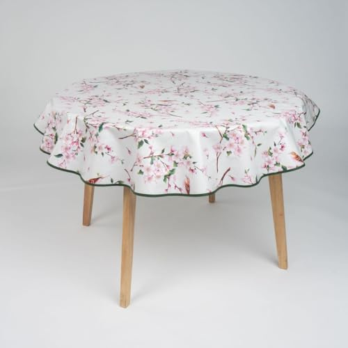 laro 140cm runde Wachstuch Tischdecke abwaschbar Wachstuchtischdecke mit Saum-Eingefasst-Paspelband, Muster:Kirschblüten Rosa Weiß, Größe: Rund 140cm