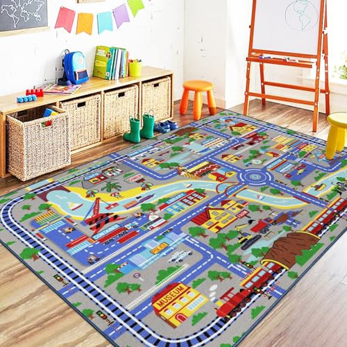 Capslpad Kinder Spielmatte 150x200cm rutschfest Stadtplan Spielplatz Teppich Waschbar Auto Spielmatten Kurzflor Stadtleben Lernen Bildungsbereich Teppich für Kinderzimmer Spielzimmer Dekor, Blau