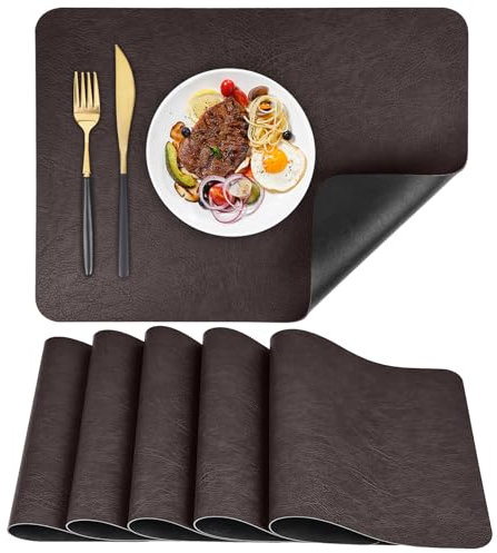 APLKER Platzsets 6er Set, Abwaschbar Tischsets rutschfest, Doppelseitigen Kunstleder Platzdeckchen, Hitzebeständig Platz-Matten für Küche Speisetisch, 40 x 30 cm (Schwarz/Braun, 6pcs)