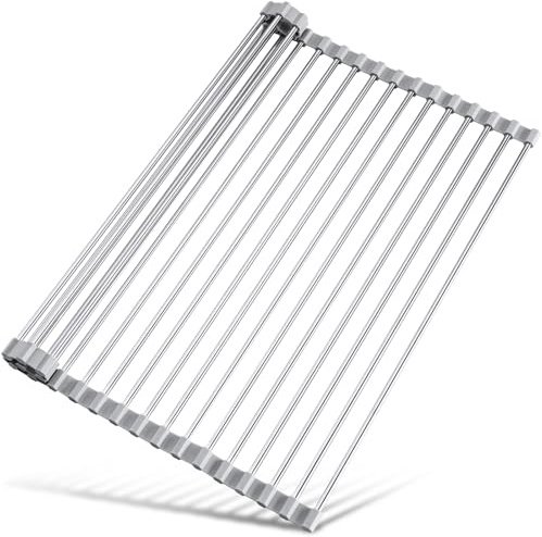 Tomorotec Roll-Up Dish Drying Rack, Over-Sink Drainer, 45 x 40 cm, Grey | Foldable Stainless-Steel Rack for Drying Dishes, Rinsing Produce and Creating Extra Worktop Space