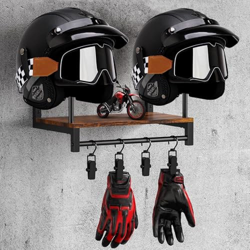 Support Casque Moto, Support Casque Moto Mural pour Casque de Baseball Moto pour 2 Casques Porte-Chapeau Présentoir avec 4 Clips de Suspension pour Vêtements de Moto Gants