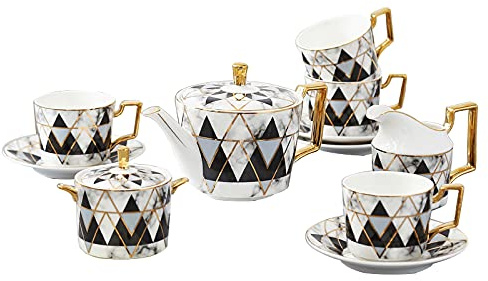 Juego de tazas de café expreso de porcelana, juego de taza y platillo, juego de té de porcelana for adultos, tetera con tazas y platillos, juego de café de cerámica simple y moderno con jarra de leche