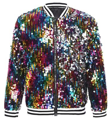 iiniim Jungen Mädchen Pailletten Jacke Langarm Glitzer Baseball Jacke Mantel Bomberjacke Hip Hop Jacken Disco Party Tanzkostüm Mehrfarbig 170-176