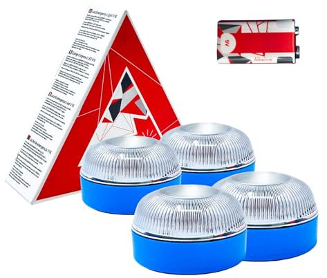 MAGIC SELECT 4X Luz Emergencia V16 para Señalización en Carretera de Coche y Moto. Luz Amarilla Intermitente, Base Imantada y Pila 9V 6LR61 Incluida.