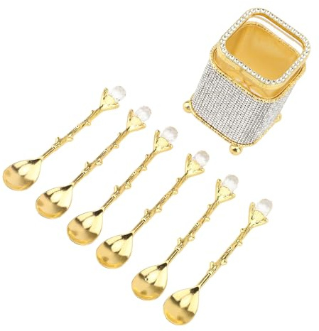 Teaspoons Set, Coffee Spoon Set Multifunctional Easy Cleaning with Storage Holder for Restaurant (Square Shape with Rhinestone)